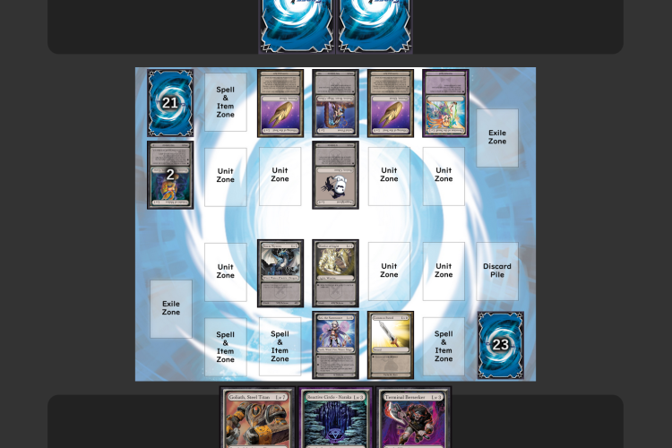 Screenshot of a digital card game, showing cards depicting various things and characters