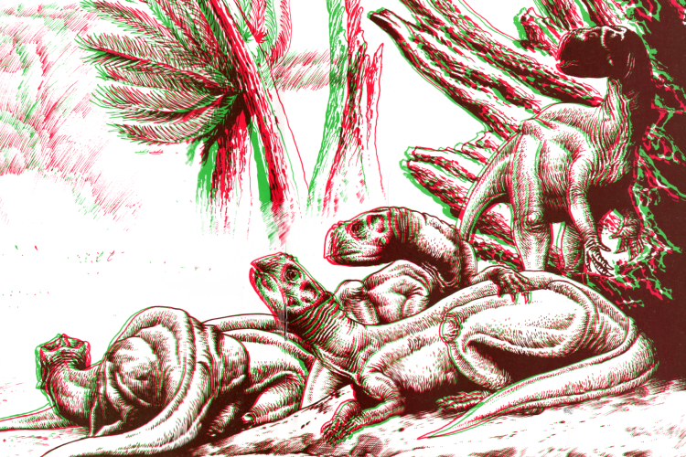 A group of dinosaurs in red-green anaglyph 3D